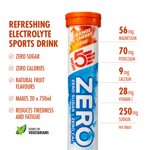 HIGH 5 ZERO SALTS TUBE Orange & Cherry Electrolyte Drink - 8 Pack Box